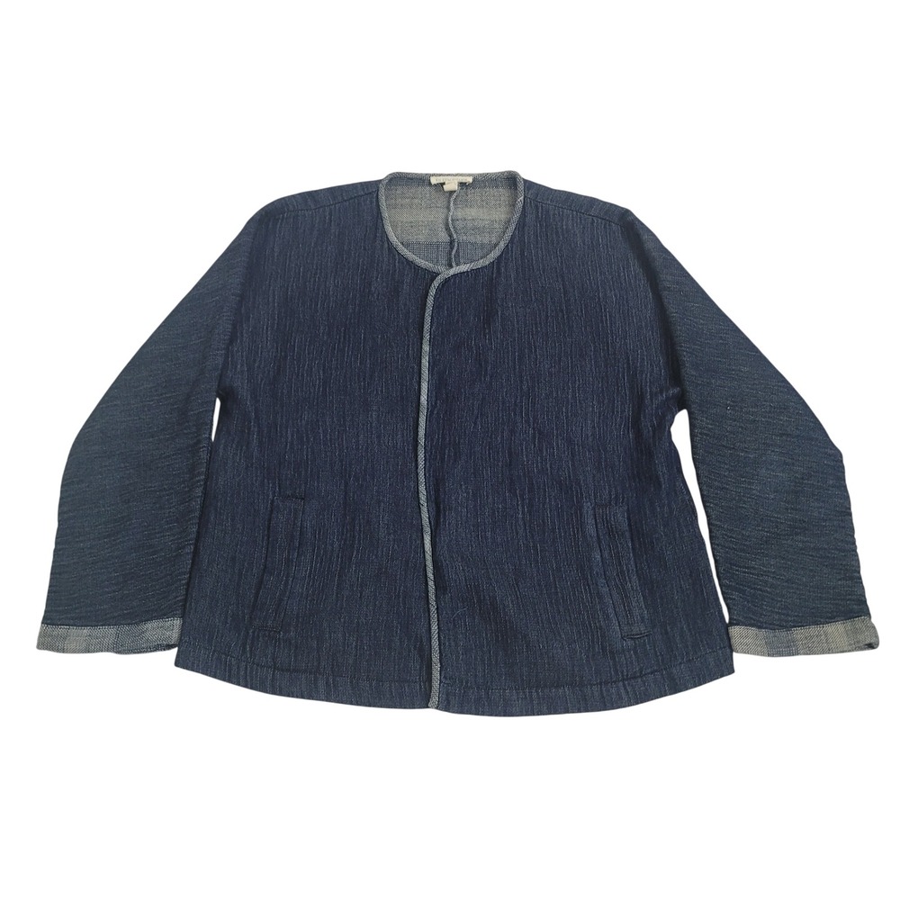 Eileen Fisher PM Denim‎ Jacket Petite Medium Organic Cotton Open Front Blue